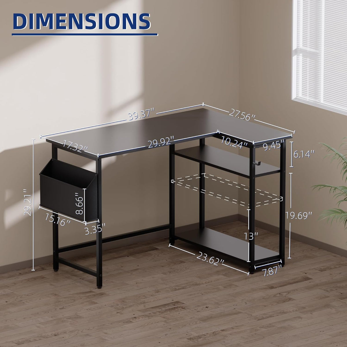 40 Inch L Shaped Computer Desk with Reversible Side Storage Shelves, Small Corner Desk for Small Space Home Office, Writing Study Table PC Desk for Bedroom, Black