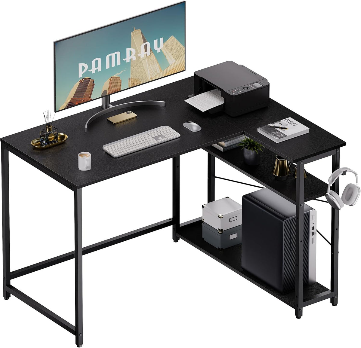 40 Inch L Shaped Computer Desk with Reversible Side Storage Shelves, Small Corner Desk for Small Space Home Office, Writing Study Table PC Desk for Bedroom, Black
