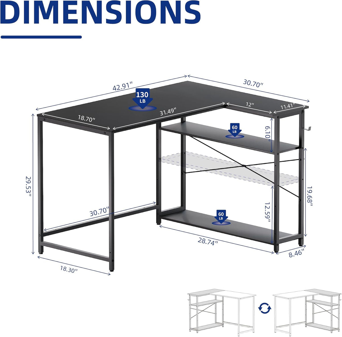 40 Inch L Shaped Computer Desk with Reversible Side Storage Shelves, Small Corner Desk for Small Space Home Office, Writing Study Table PC Desk for Bedroom, Black