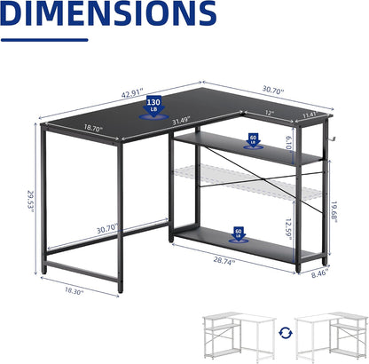 40 Inch L Shaped Computer Desk with Reversible Side Storage Shelves, Small Corner Desk for Small Space Home Office, Writing Study Table PC Desk for Bedroom, Black