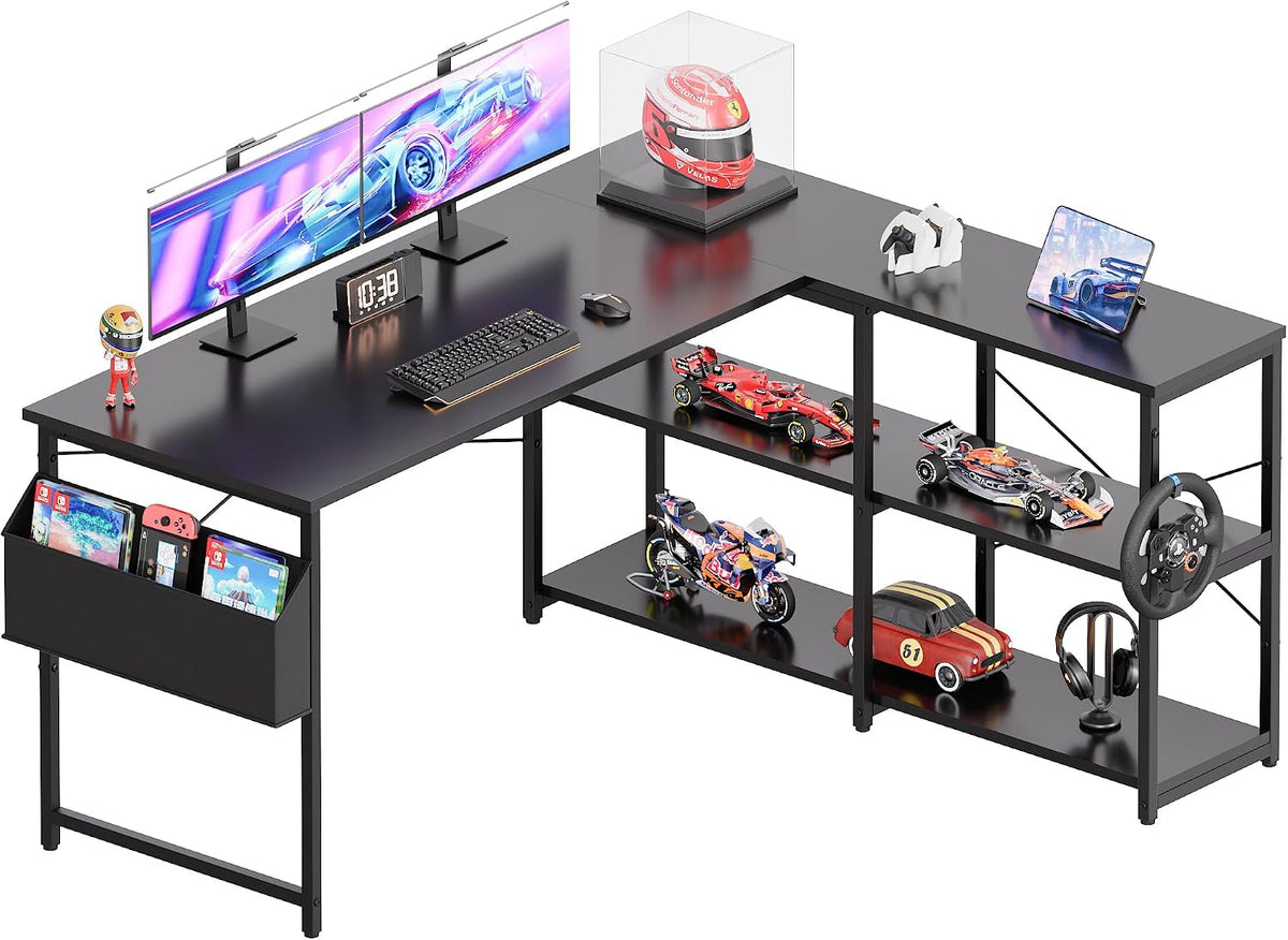40 Inch L Shaped Computer Desk with Reversible Side Storage Shelves, Small Corner Desk for Small Space Home Office, Writing Study Table PC Desk for Bedroom, Black