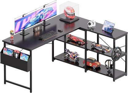 40 Inch L Shaped Computer Desk with Reversible Side Storage Shelves, Small Corner Desk for Small Space Home Office, Writing Study Table PC Desk for Bedroom, Black