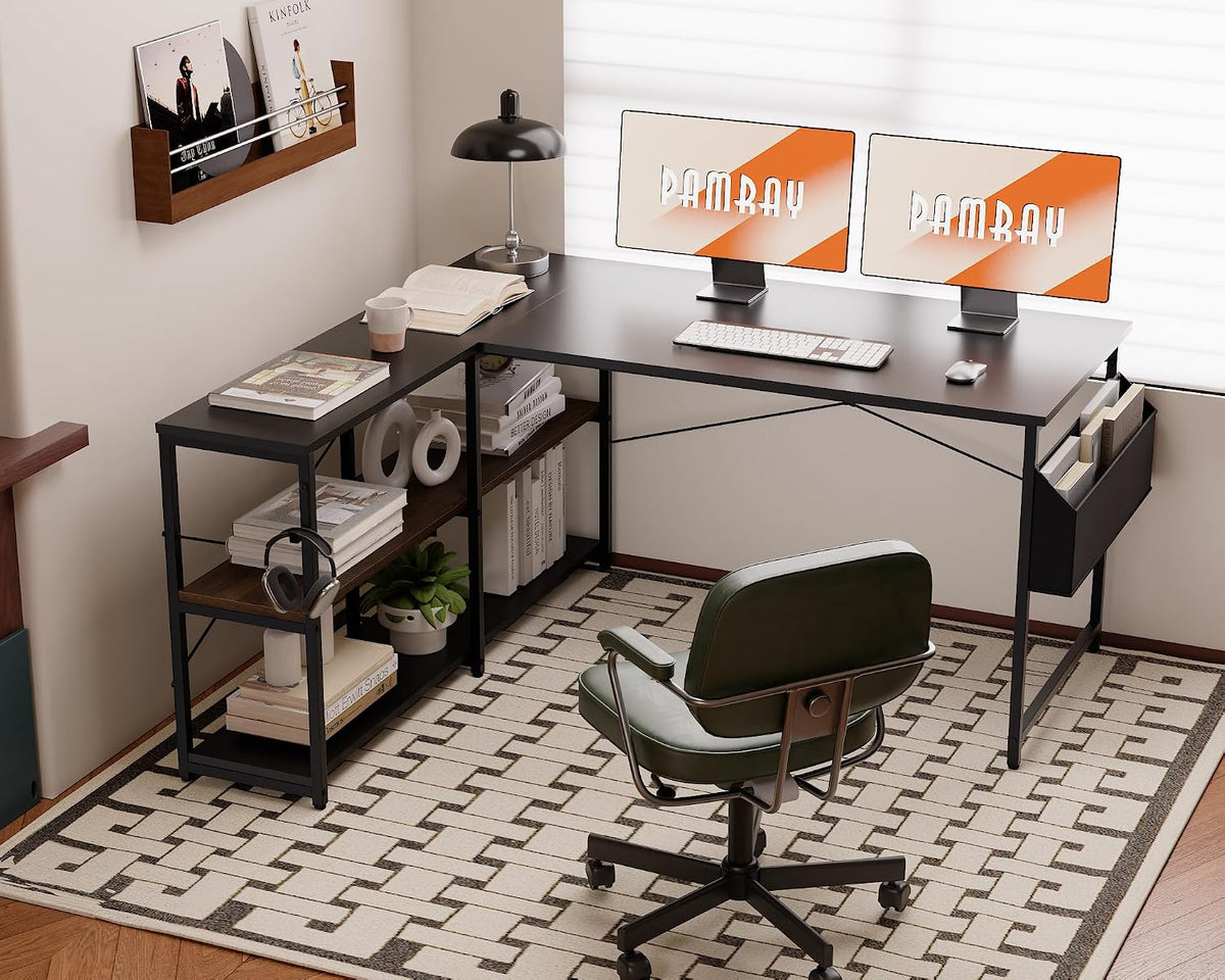 40 Inch L Shaped Computer Desk with Reversible Side Storage Shelves, Small Corner Desk for Small Space Home Office, Writing Study Table PC Desk for Bedroom, Black