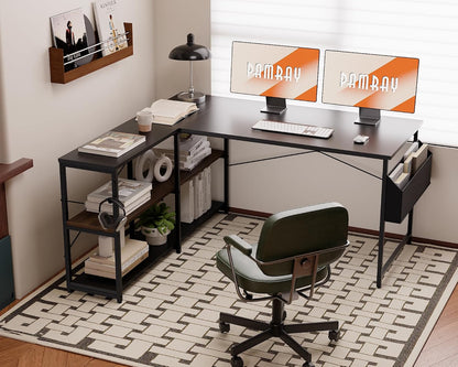 40 Inch L Shaped Computer Desk with Reversible Side Storage Shelves, Small Corner Desk for Small Space Home Office, Writing Study Table PC Desk for Bedroom, Black