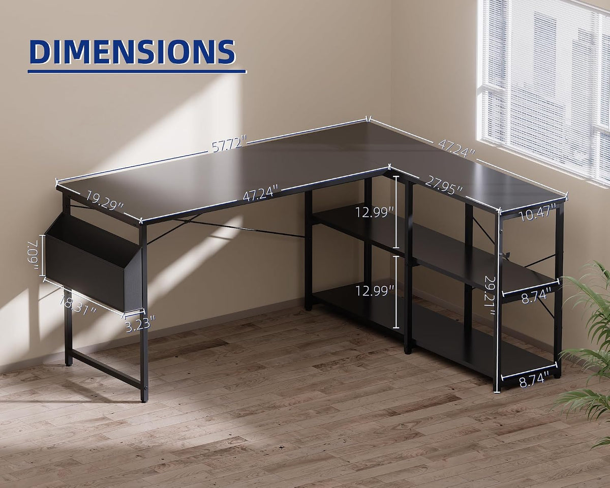 40 Inch L Shaped Computer Desk with Reversible Side Storage Shelves, Small Corner Desk for Small Space Home Office, Writing Study Table PC Desk for Bedroom, Black