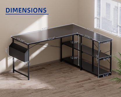 40 Inch L Shaped Computer Desk with Reversible Side Storage Shelves, Small Corner Desk for Small Space Home Office, Writing Study Table PC Desk for Bedroom, Black