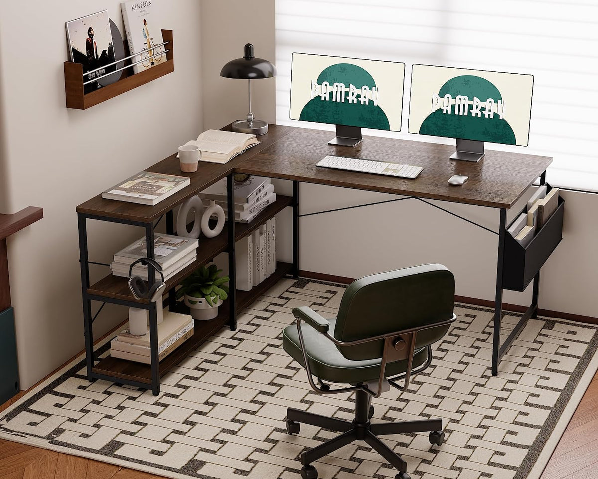40 Inch L Shaped Computer Desk with Reversible Side Storage Shelves, Small Corner Desk for Small Space Home Office, Writing Study Table PC Desk for Bedroom, Black