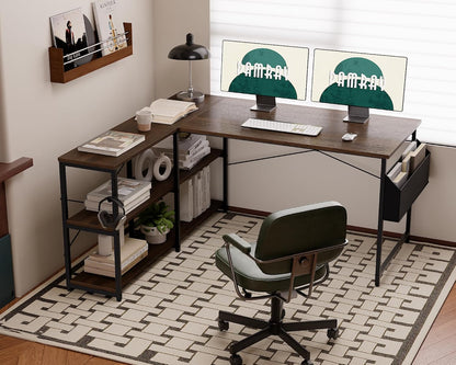 40 Inch L Shaped Computer Desk with Reversible Side Storage Shelves, Small Corner Desk for Small Space Home Office, Writing Study Table PC Desk for Bedroom, Black