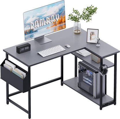40 Inch L Shaped Computer Desk with Reversible Side Storage Shelves, Small Corner Desk for Small Space Home Office, Writing Study Table PC Desk for Bedroom, Black
