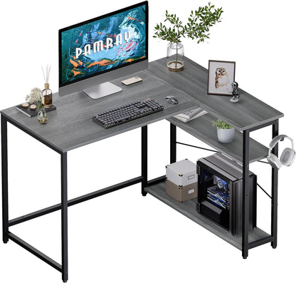 40 Inch L Shaped Computer Desk with Reversible Side Storage Shelves, Small Corner Desk for Small Space Home Office, Writing Study Table PC Desk for Bedroom, Black