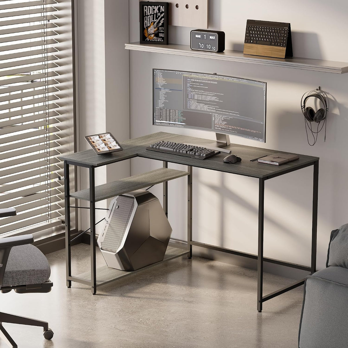 40 Inch L Shaped Computer Desk with Reversible Side Storage Shelves, Small Corner Desk for Small Space Home Office, Writing Study Table PC Desk for Bedroom, Black
