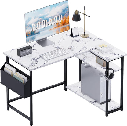 40 Inch L Shaped Computer Desk with Reversible Side Storage Shelves, Small Corner Desk for Small Space Home Office, Writing Study Table PC Desk for Bedroom, Black