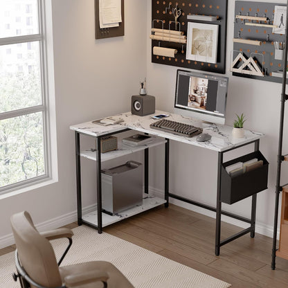 40 Inch L Shaped Computer Desk with Reversible Side Storage Shelves, Small Corner Desk for Small Space Home Office, Writing Study Table PC Desk for Bedroom, Black