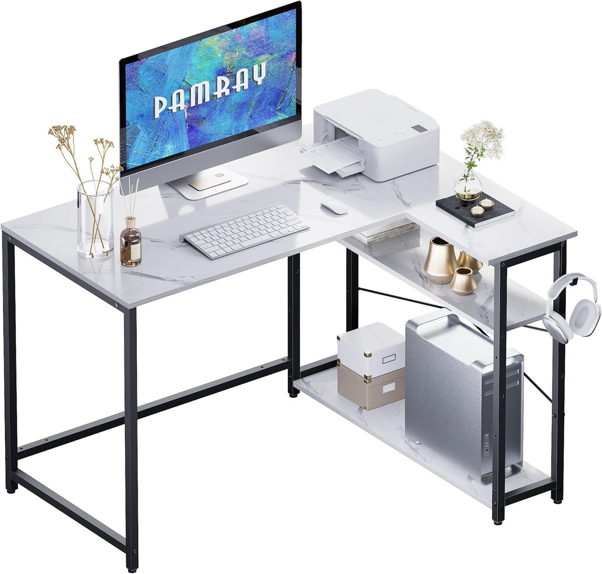 40 Inch L Shaped Computer Desk with Reversible Side Storage Shelves, Small Corner Desk for Small Space Home Office, Writing Study Table PC Desk for Bedroom, Black