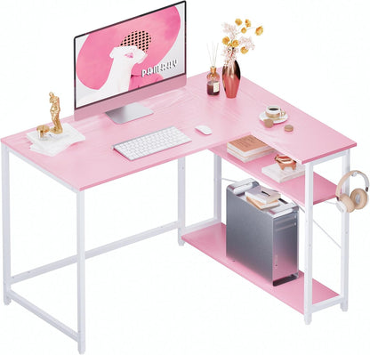 40 Inch L Shaped Computer Desk with Reversible Side Storage Shelves, Small Corner Desk for Small Space Home Office, Writing Study Table PC Desk for Bedroom, Black