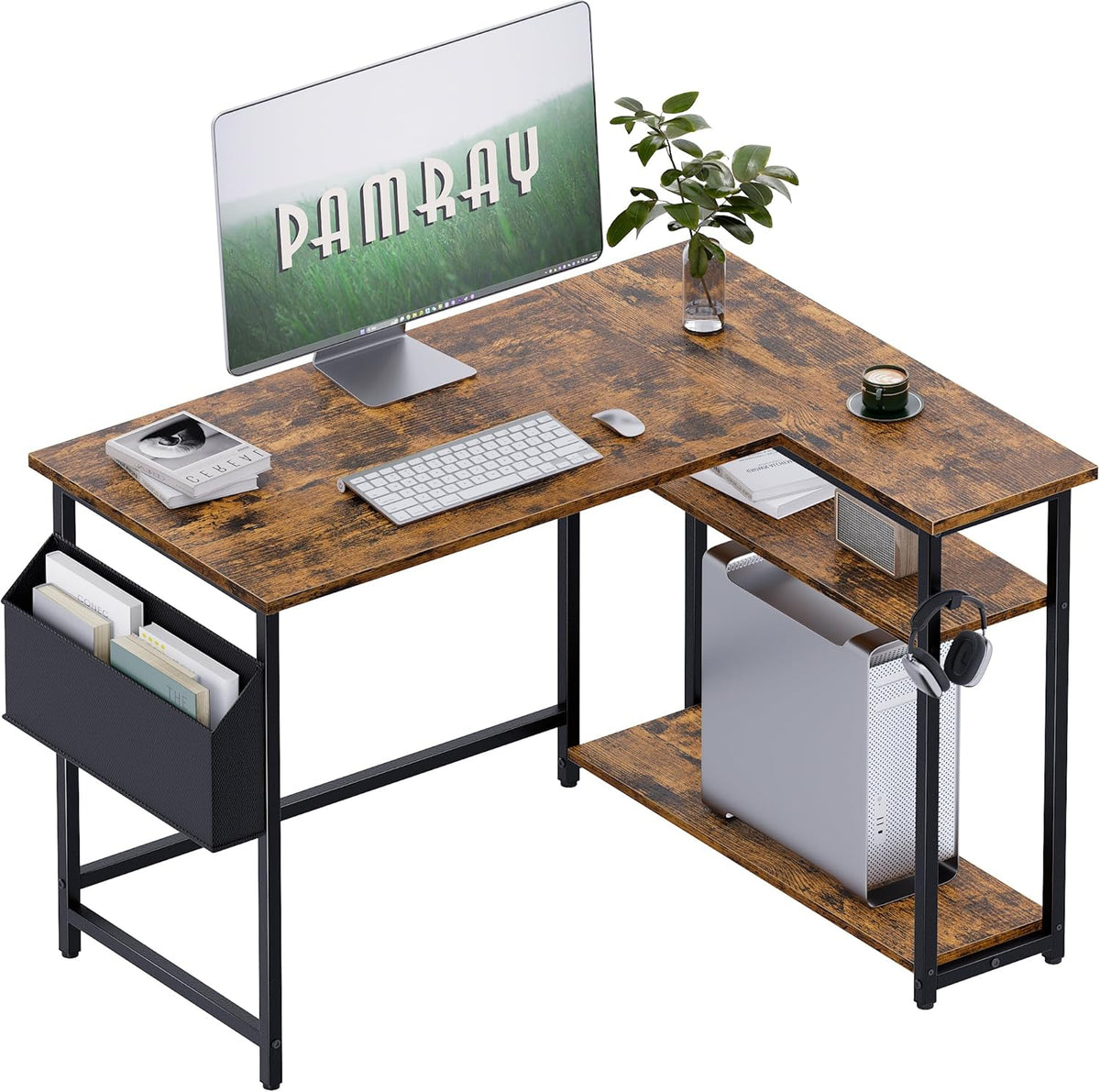 40 Inch L Shaped Computer Desk with Reversible Side Storage Shelves, Small Corner Desk for Small Space Home Office, Writing Study Table PC Desk for Bedroom, Black