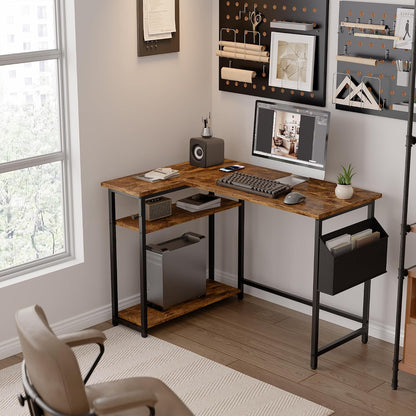 40 Inch L Shaped Computer Desk with Reversible Side Storage Shelves, Small Corner Desk for Small Space Home Office, Writing Study Table PC Desk for Bedroom, Black