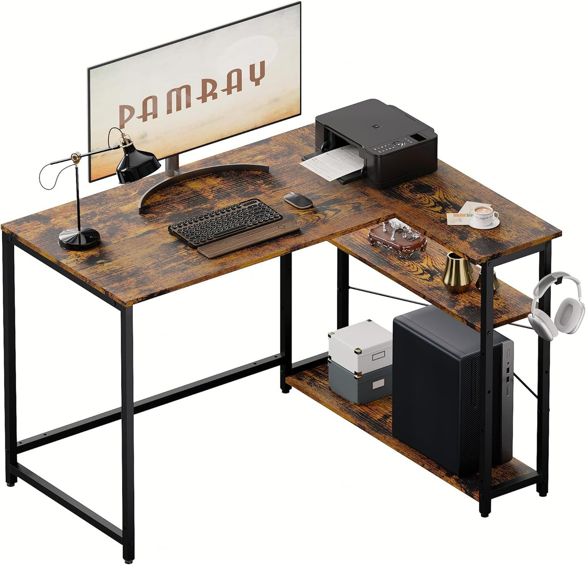 40 Inch L Shaped Computer Desk with Reversible Side Storage Shelves, Small Corner Desk for Small Space Home Office, Writing Study Table PC Desk for Bedroom, Black