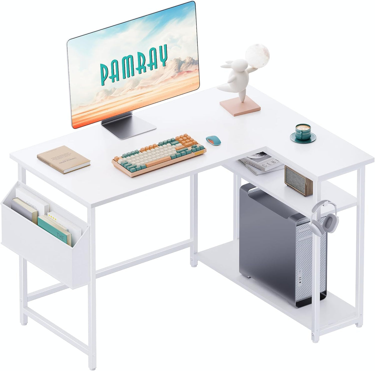 40 Inch L Shaped Computer Desk with Reversible Side Storage Shelves, Small Corner Desk for Small Space Home Office, Writing Study Table PC Desk for Bedroom, Black