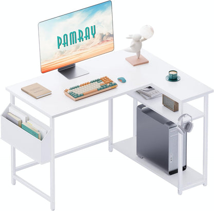 40 Inch L Shaped Computer Desk with Reversible Side Storage Shelves, Small Corner Desk for Small Space Home Office, Writing Study Table PC Desk for Bedroom, Black