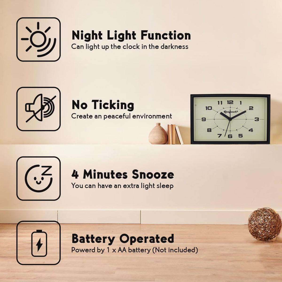 Analog Alarm Clock, 6 inch, Green, Silent, Night Light