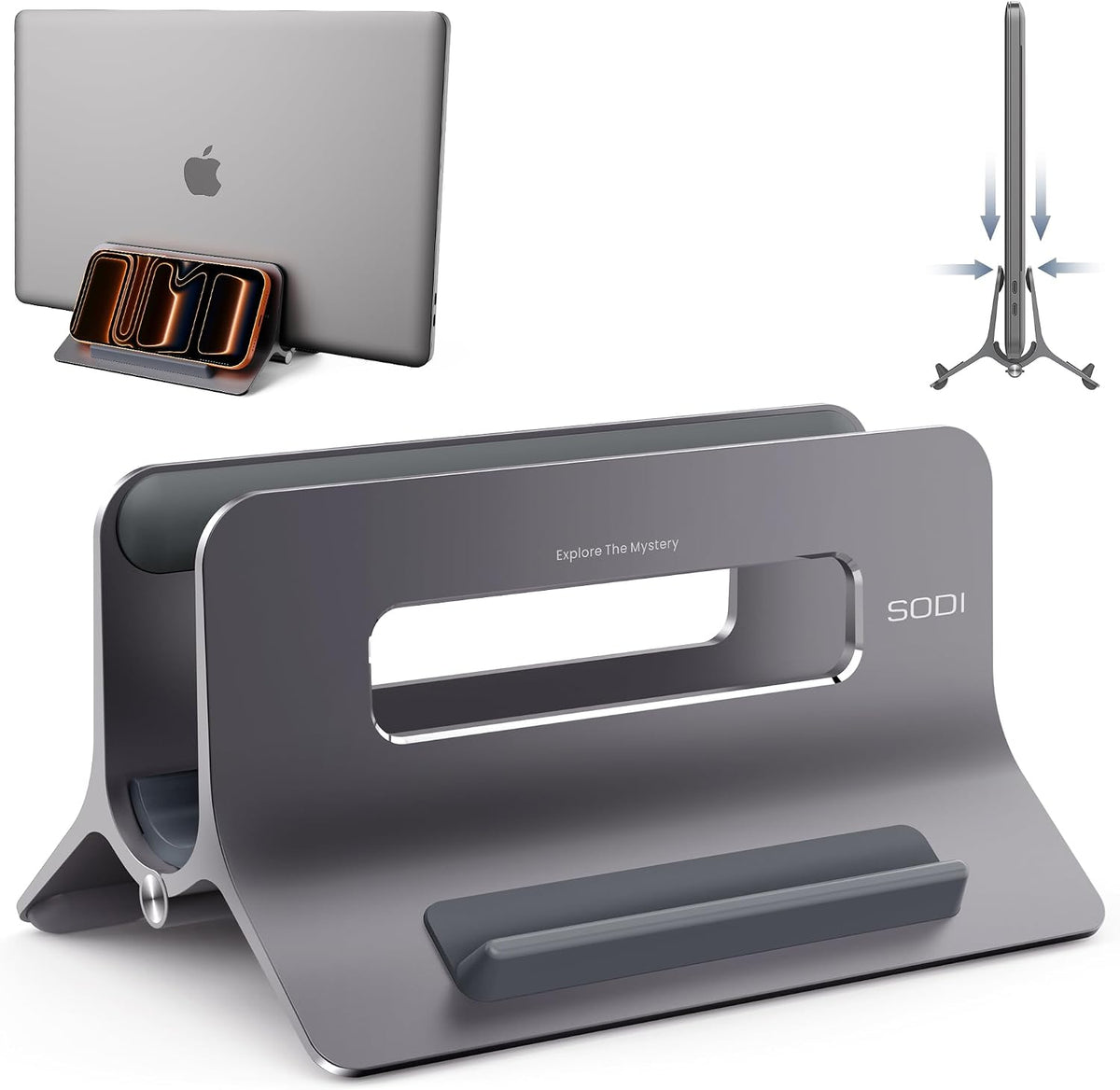 Vertical Laptop Stand for Desk, Gravity Auto Lock MacBook Stand, Aluminum Laptop Holder Vertical Compatible with MacBook Pro, Air, Tablet, Space-Saving Organize Work & Home Office, Gray