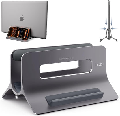 Vertical Laptop Stand for Desk, Gravity Auto Lock MacBook Stand, Aluminum Laptop Holder Vertical Compatible with MacBook Pro, Air, Tablet, Space-Saving Organize Work & Home Office, Gray