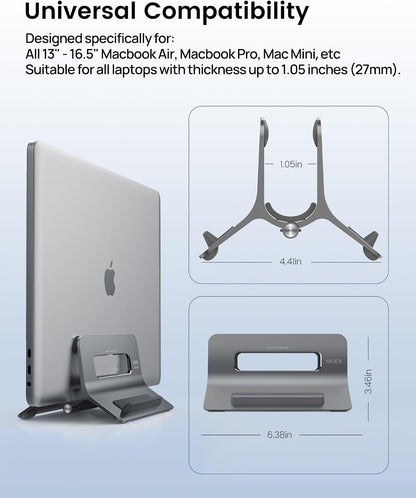 Vertical Laptop Stand for Desk, Gravity Auto Lock MacBook Stand, Aluminum Laptop Holder Vertical Compatible with MacBook Pro, Air, Tablet, Space-Saving Organize Work & Home Office, Gray