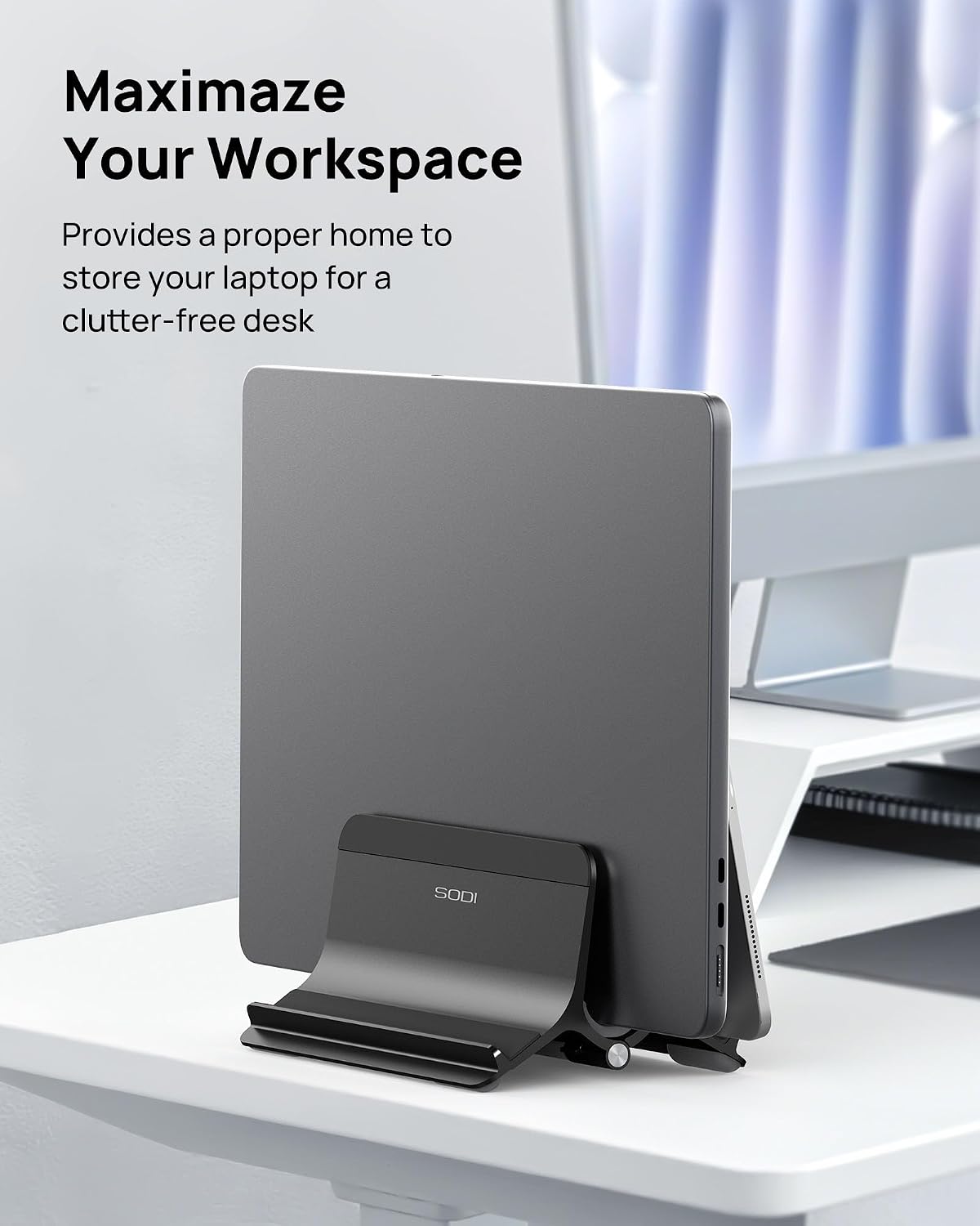 Vertical Laptop Stand for Desk, Gravity Auto Lock MacBook Stand, Aluminum Laptop Holder Vertical Compatible with MacBook Pro, Air, Tablet, Space-Saving Organize Work & Home Office, Gray