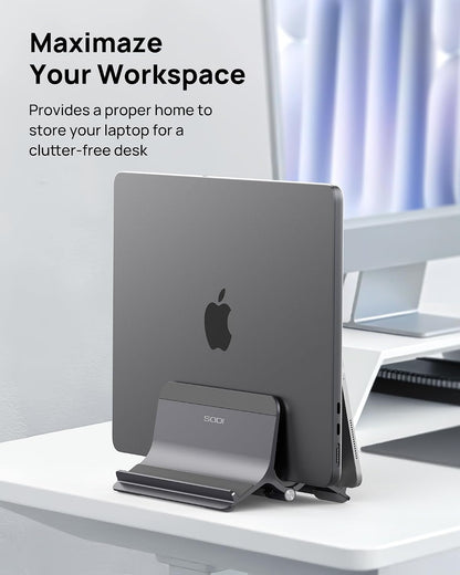 Vertical Laptop Stand for Desk, Gravity Auto Lock MacBook Stand, Aluminum Laptop Holder Vertical Compatible with MacBook Pro, Air, Tablet, Space-Saving Organize Work & Home Office, Gray