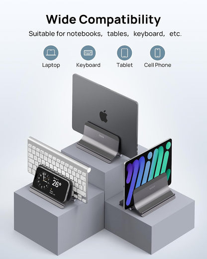 Vertical Laptop Stand for Desk, Gravity Auto Lock MacBook Stand, Aluminum Laptop Holder Vertical Compatible with MacBook Pro, Air, Tablet, Space-Saving Organize Work & Home Office, Gray