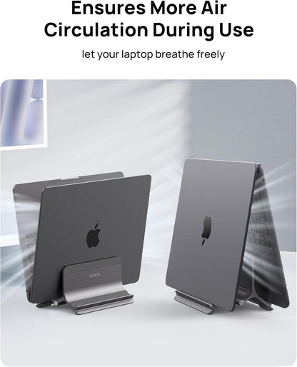 Vertical Laptop Stand for Desk, Gravity Auto Lock MacBook Stand, Aluminum Laptop Holder Vertical Compatible with MacBook Pro, Air, Tablet, Space-Saving Organize Work & Home Office, Gray