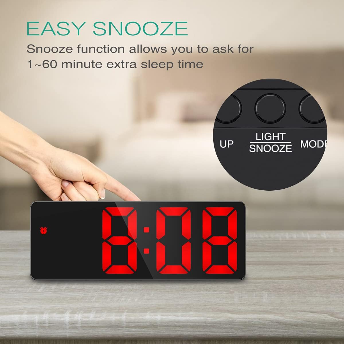 LED Alarm Clock, Digital Alarm Clock, Large Display LED Desk Clock with Snooze, 3 Adjustable Brightness, USB Charging Ports for Bedroom, Office,Red