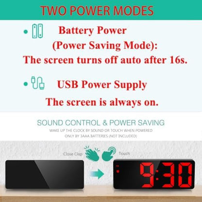 LED Alarm Clock, Digital Alarm Clock, Large Display LED Desk Clock with Snooze, 3 Adjustable Brightness, USB Charging Ports for Bedroom, Office,Red