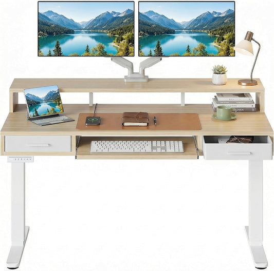 55″ x 26″ Electric Standing Desk with 2 Drawers &24.4″ Large Keyboard Tray, C-Clamp Mount Compatible, Adjustable Computer Desk for Office, Sit Stand Up Desk with 4 Height Presets, Light Walnut