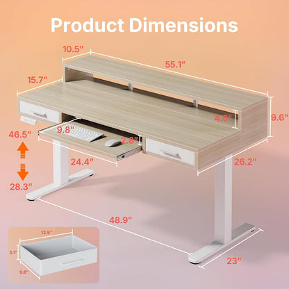 55″ x 26″ Electric Standing Desk with 2 Drawers &24.4″ Large Keyboard Tray, C-Clamp Mount Compatible, Adjustable Computer Desk for Office, Sit Stand Up Desk with 4 Height Presets, Light Walnut