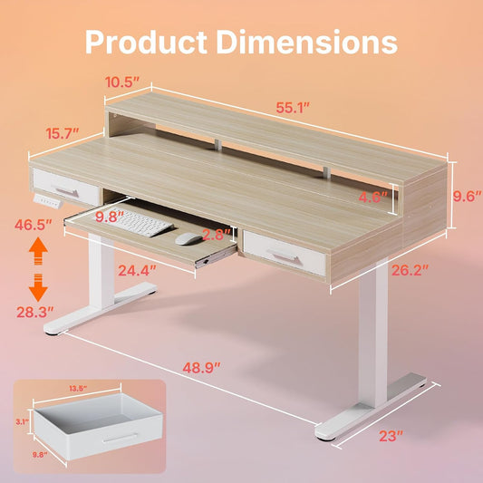 55″ x 26″ Electric Standing Desk with 2 Drawers &24.4″ Large Keyboard Tray, C-Clamp Mount Compatible, Adjustable Computer Desk for Office, Sit Stand Up Desk with 4 Height Presets, Light Walnut
