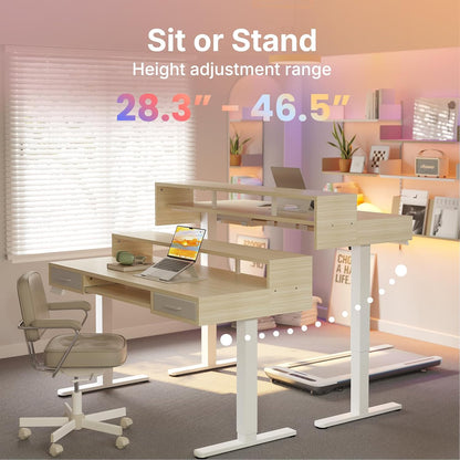 55″ x 26″ Electric Standing Desk with 2 Drawers &24.4″ Large Keyboard Tray, C-Clamp Mount Compatible, Adjustable Computer Desk for Office, Sit Stand Up Desk with 4 Height Presets, Light Walnut