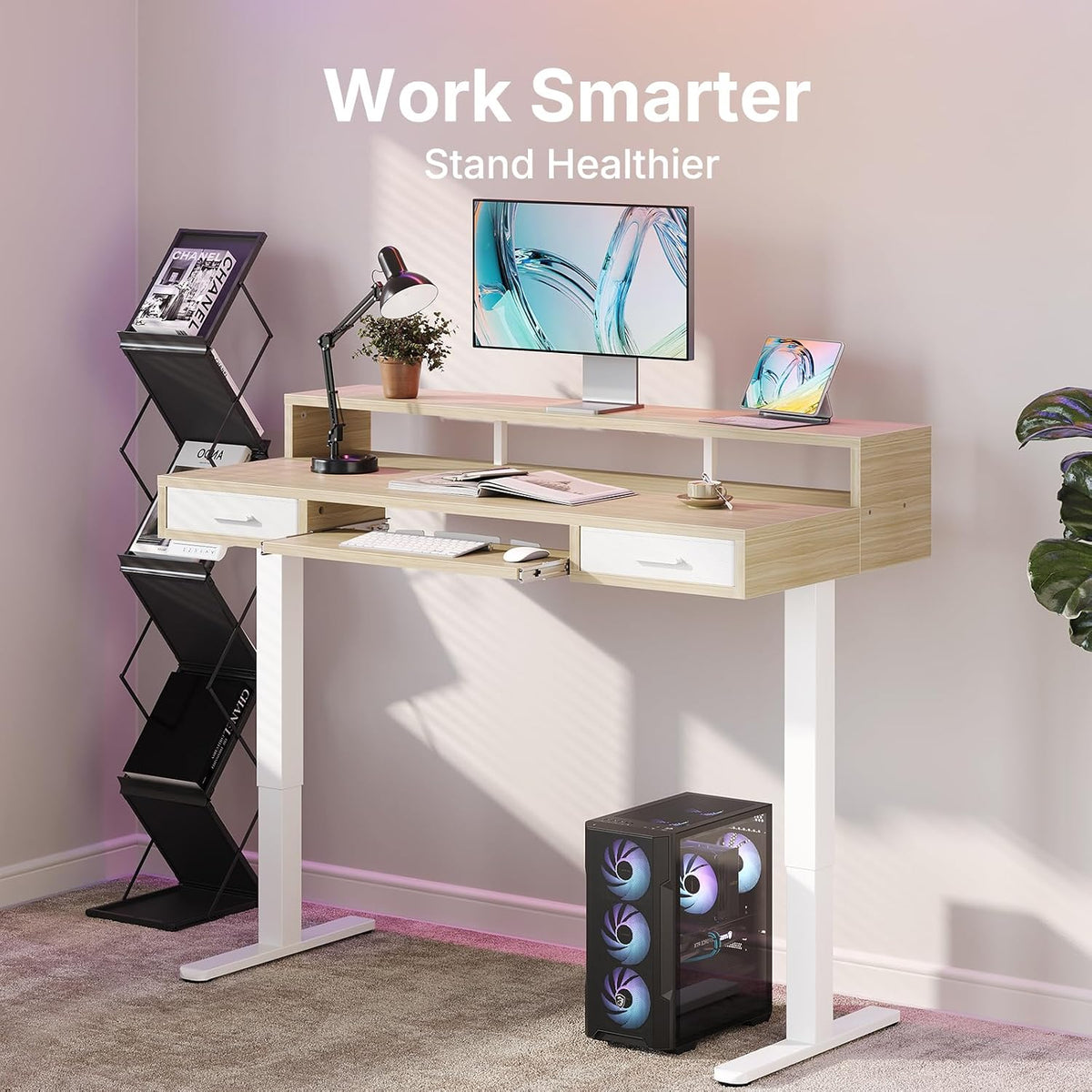 55″ x 26″ Electric Standing Desk with 2 Drawers &24.4″ Large Keyboard Tray, C-Clamp Mount Compatible, Adjustable Computer Desk for Office, Sit Stand Up Desk with 4 Height Presets, Light Walnut