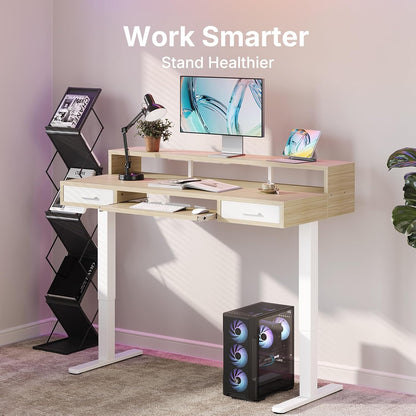 55″ x 26″ Electric Standing Desk with 2 Drawers &24.4″ Large Keyboard Tray, C-Clamp Mount Compatible, Adjustable Computer Desk for Office, Sit Stand Up Desk with 4 Height Presets, Light Walnut