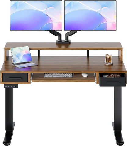 55″ x 26″ Electric Standing Desk with 2 Drawers &24.4″ Large Keyboard Tray, C-Clamp Mount Compatible, Adjustable Computer Desk for Office, Sit Stand Up Desk with 4 Height Presets, Light Walnut