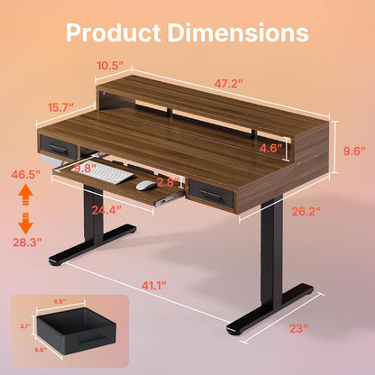 55″ x 26″ Electric Standing Desk with 2 Drawers &24.4″ Large Keyboard Tray, C-Clamp Mount Compatible, Adjustable Computer Desk for Office, Sit Stand Up Desk with 4 Height Presets, Light Walnut