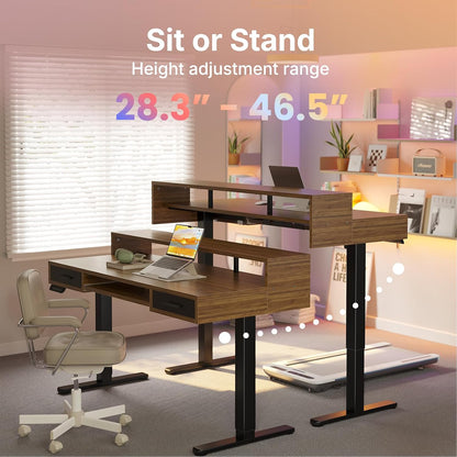 55″ x 26″ Electric Standing Desk with 2 Drawers &24.4″ Large Keyboard Tray, C-Clamp Mount Compatible, Adjustable Computer Desk for Office, Sit Stand Up Desk with 4 Height Presets, Light Walnut