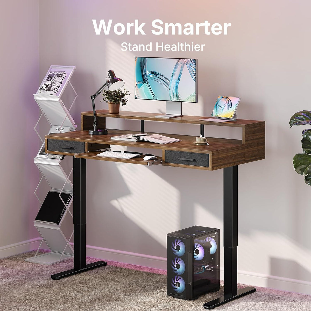 55″ x 26″ Electric Standing Desk with 2 Drawers &24.4″ Large Keyboard Tray, C-Clamp Mount Compatible, Adjustable Computer Desk for Office, Sit Stand Up Desk with 4 Height Presets, Light Walnut