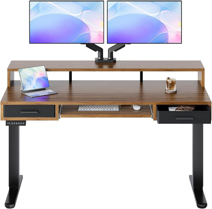 55″ x 26″ Electric Standing Desk with 2 Drawers &24.4″ Large Keyboard Tray, C-Clamp Mount Compatible, Adjustable Computer Desk for Office, Sit Stand Up Desk with 4 Height Presets, Light Walnut