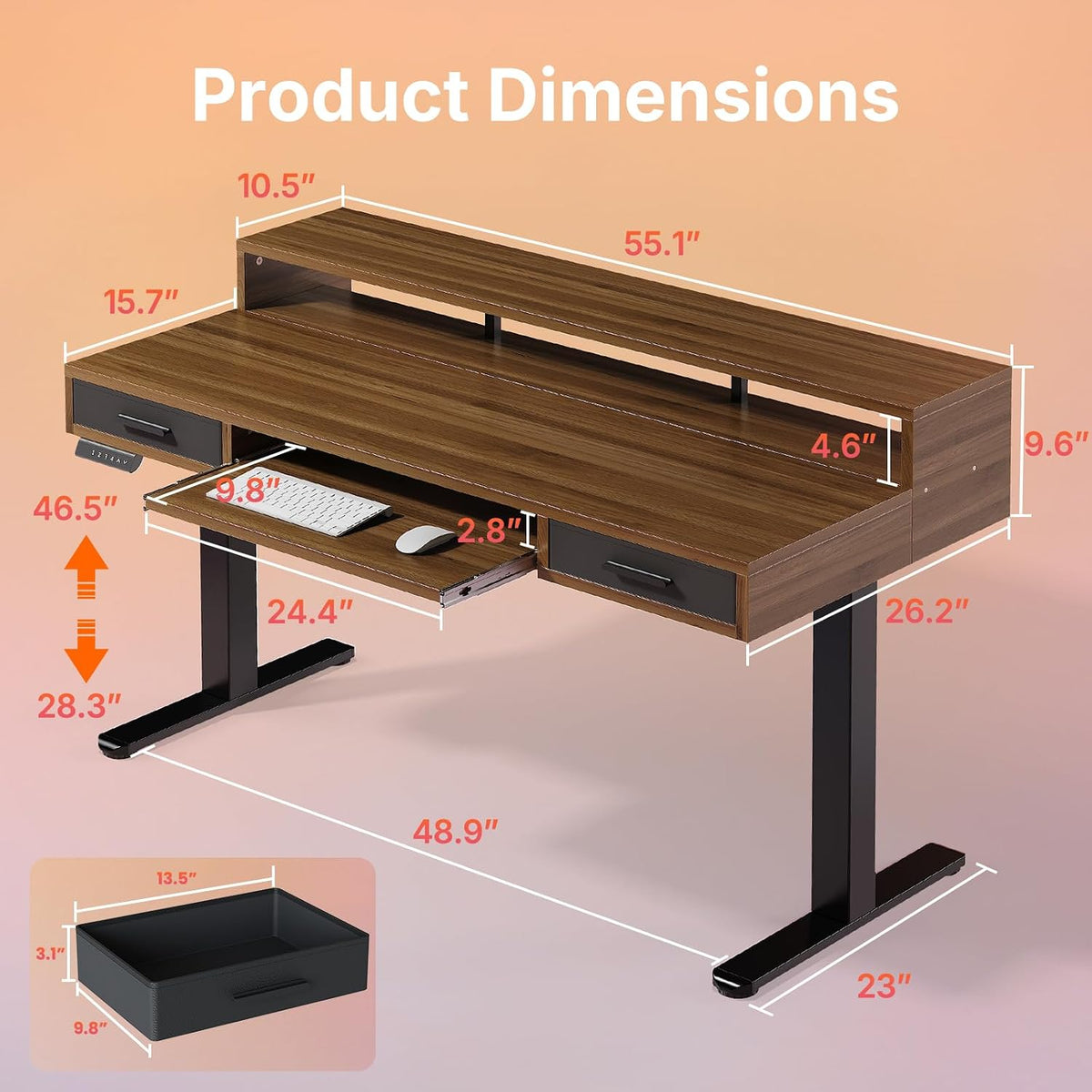 55″ x 26″ Electric Standing Desk with 2 Drawers &24.4″ Large Keyboard Tray, C-Clamp Mount Compatible, Adjustable Computer Desk for Office, Sit Stand Up Desk with 4 Height Presets, Light Walnut