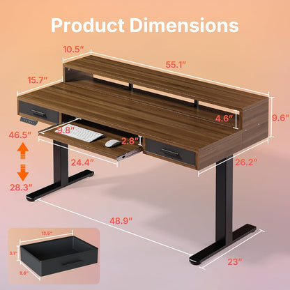 55″ x 26″ Electric Standing Desk with 2 Drawers &24.4″ Large Keyboard Tray, C-Clamp Mount Compatible, Adjustable Computer Desk for Office, Sit Stand Up Desk with 4 Height Presets, Light Walnut