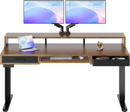 55″ x 26″ Electric Standing Desk with 2 Drawers &24.4″ Large Keyboard Tray, C-Clamp Mount Compatible, Adjustable Computer Desk for Office, Sit Stand Up Desk with 4 Height Presets, Light Walnut