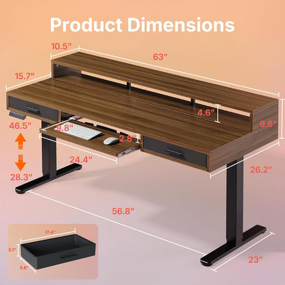 55″ x 26″ Electric Standing Desk with 2 Drawers &24.4″ Large Keyboard Tray, C-Clamp Mount Compatible, Adjustable Computer Desk for Office, Sit Stand Up Desk with 4 Height Presets, Light Walnut