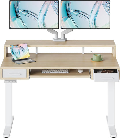 55″ x 26″ Electric Standing Desk with 2 Drawers &24.4″ Large Keyboard Tray, C-Clamp Mount Compatible, Adjustable Computer Desk for Office, Sit Stand Up Desk with 4 Height Presets, Light Walnut